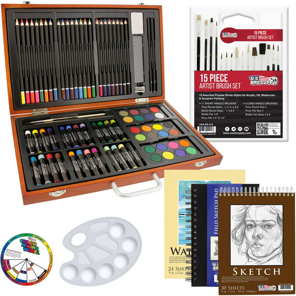 Art Set With Wood Case 142-Piece Artist Kit Paint Drawing Box Draw Sketch Pastel 